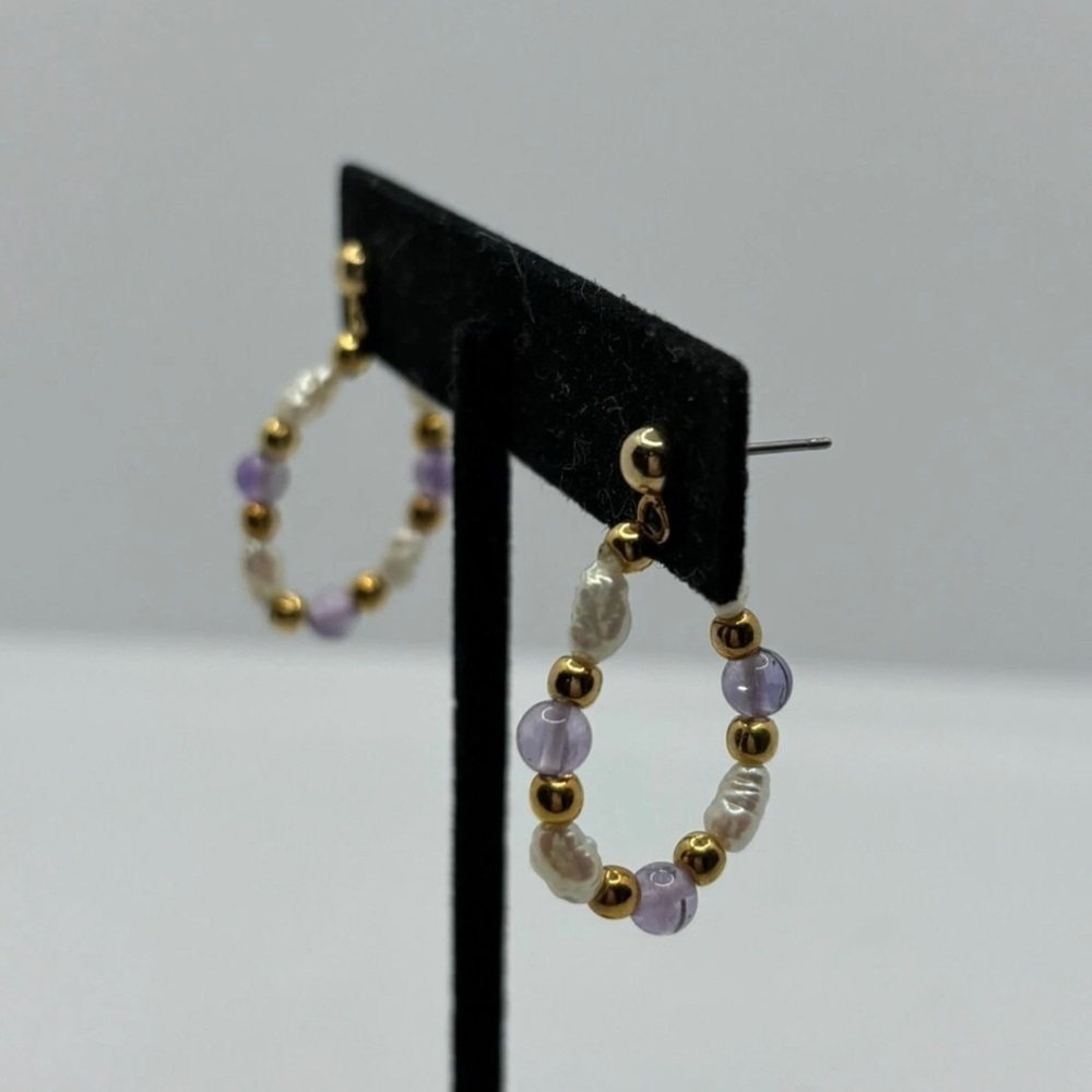 Boho Chic Gold Hoop Earrings with Amethyst & Pearls - Picture 6 of 7